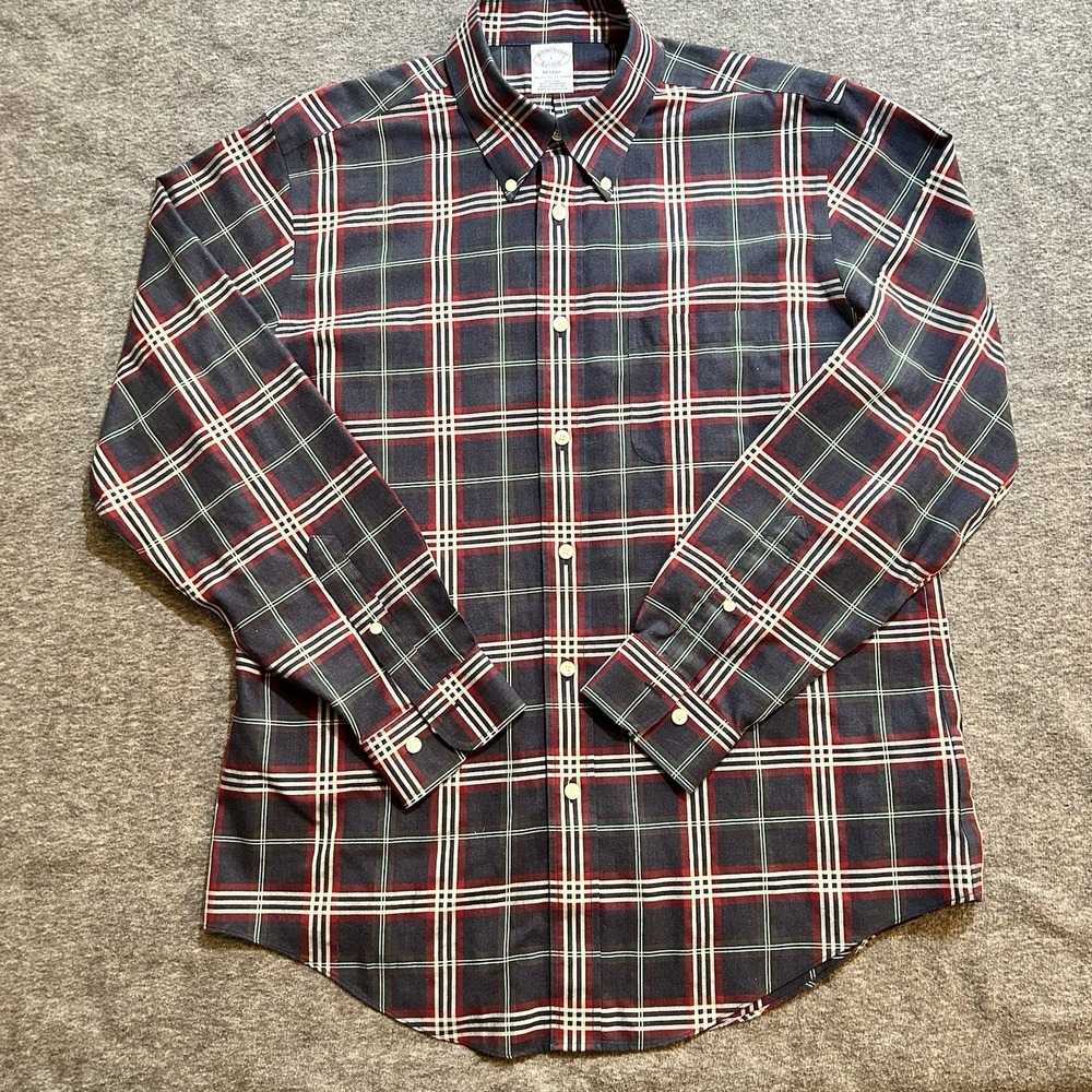 Brooks Brothers Regent Fit Shirt Men Large Navy Red Plaid Supima Cotton Non-Iron